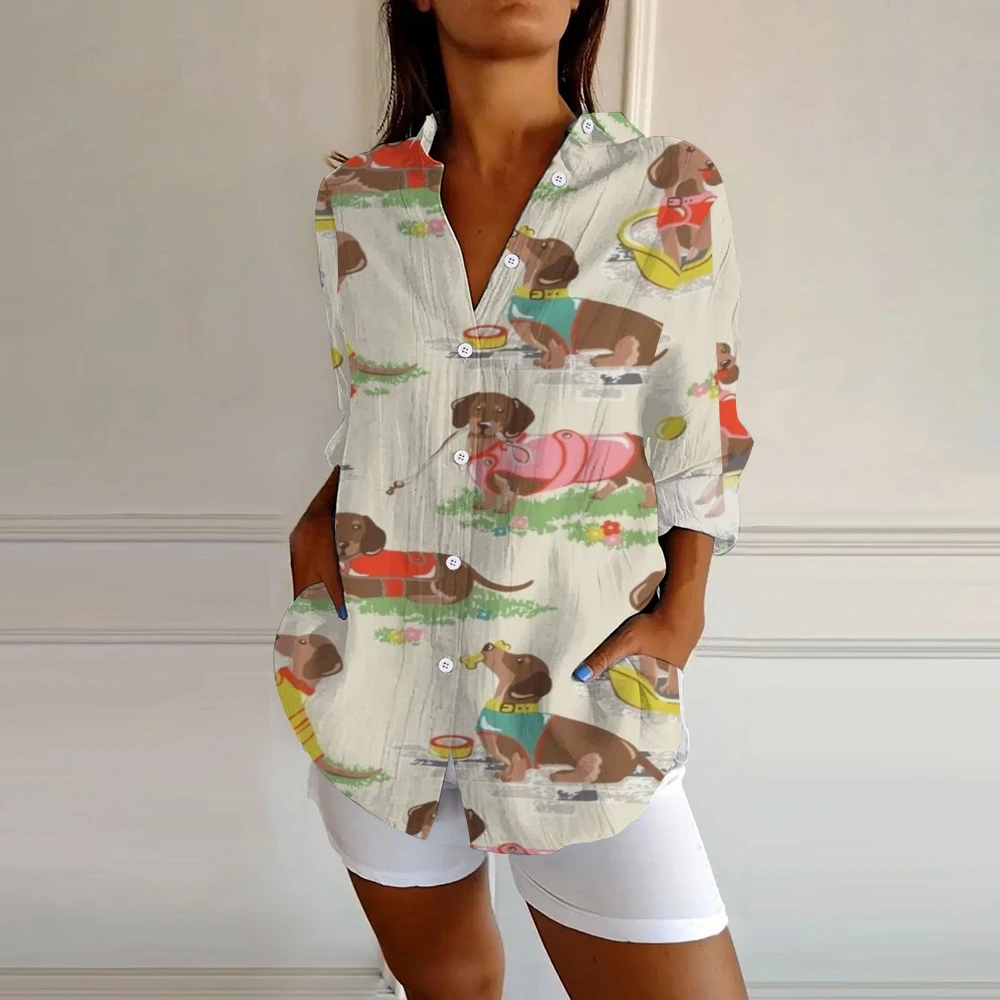 

Casual Women's V-Neck Shirt Cute Sausage Puppy Print Long Sleeve Trendy New Party Vacation Blouse Elegant Nice Clothes Top