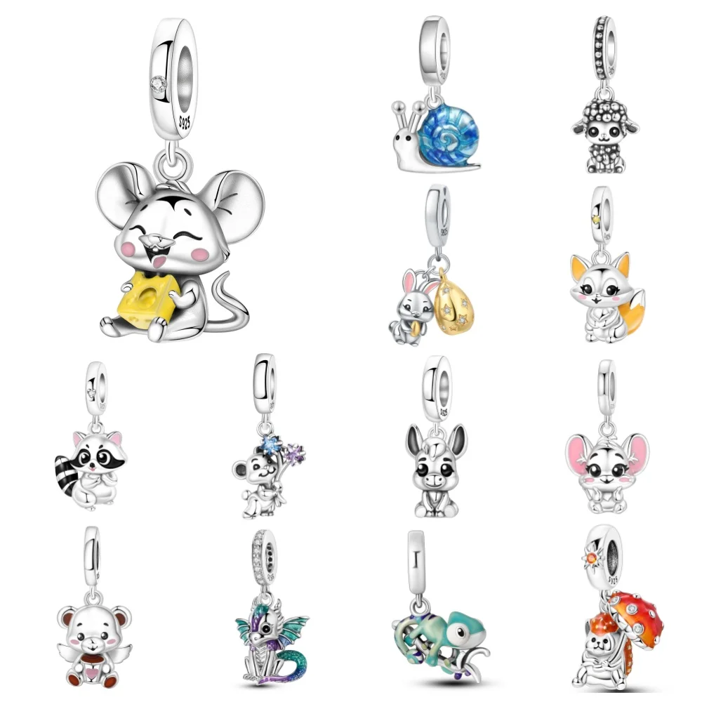925 Sterling Silver Cute Animal Charms Mouse Cheese Snail Sheep Beads DIY Bracelet Necklace Accessories Jewelry for Women Girls