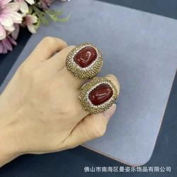 Natural agate bucket bead clay inlaid with live color retention ring French vintage niche jewelry wholesale