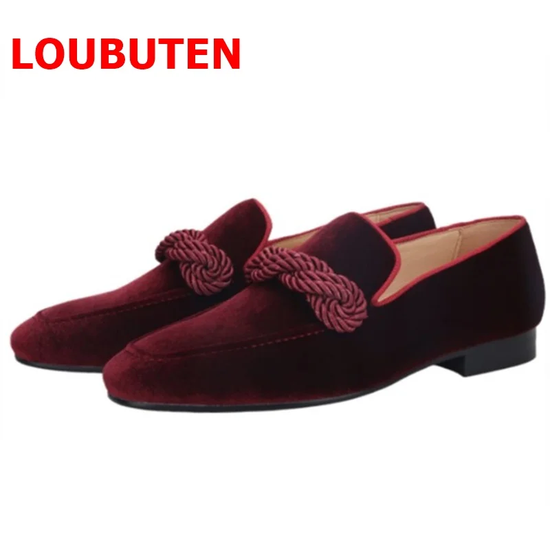 LOUBUTEN Italian Men Velvet Loafers Shoes With Ropes Handmade Dress Shoes Slip On Casual Men's Flats Party And Prom Shoes