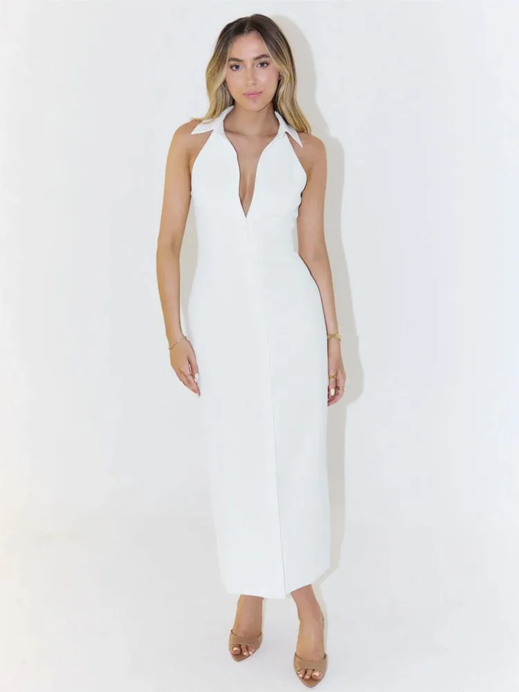 Party Dresses For Woman Fashion Simple Style Lapel Sleeveless Evening Dress Solid Color Buttons Vestidos Temperament All-match