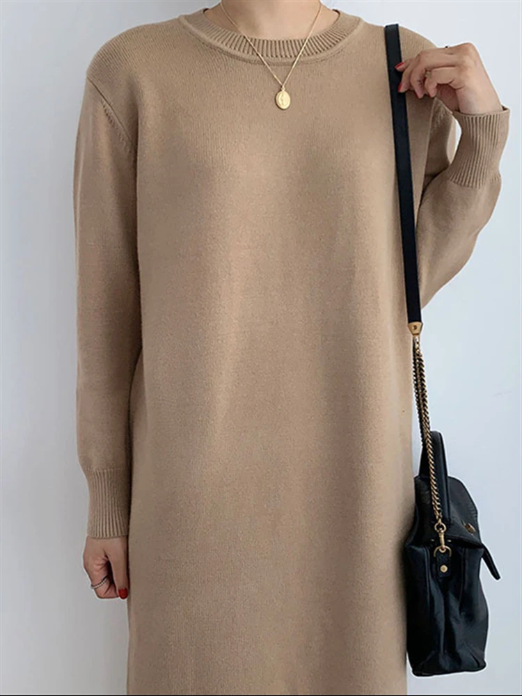 

Solid Brown Black Korean Winter Sweater Dress Women Woman Clothing 2022 Vintage Dresses Knitted Fall Elegant Thick Warm Vestido