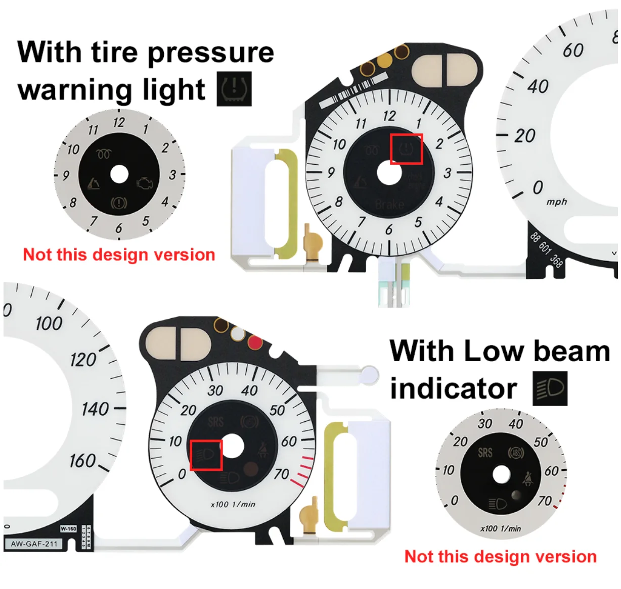 160MPH Weiß-Schwarzes Zifferblatt mit EL-Kaltlicht-Overlay für Mercedes W211 E320 E350 E500 E55 E63 W209 C219 Instrumentencluster – Detail 7