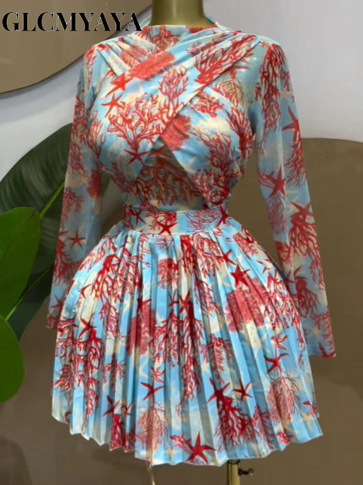 GLCMYAYA, vestido plisado frontal envolvente de manga larga con estampado de hojas para mujer, vestidos elegantes románticos para fiesta de vacaciones y cumpleaños 2026
