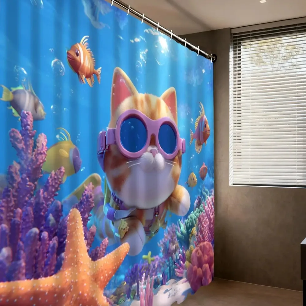 Cat Scuba Diving Printed Shower Curtain Colorful Animal Artwork for Kids Bathroom Decor