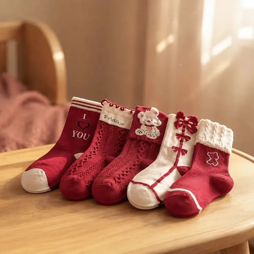 Sweet Red Color Mid Calf Socks Lace Trim Soft Cotton Girls Socks Knee High Length Winter Weight Holiday Socks For Toddlers