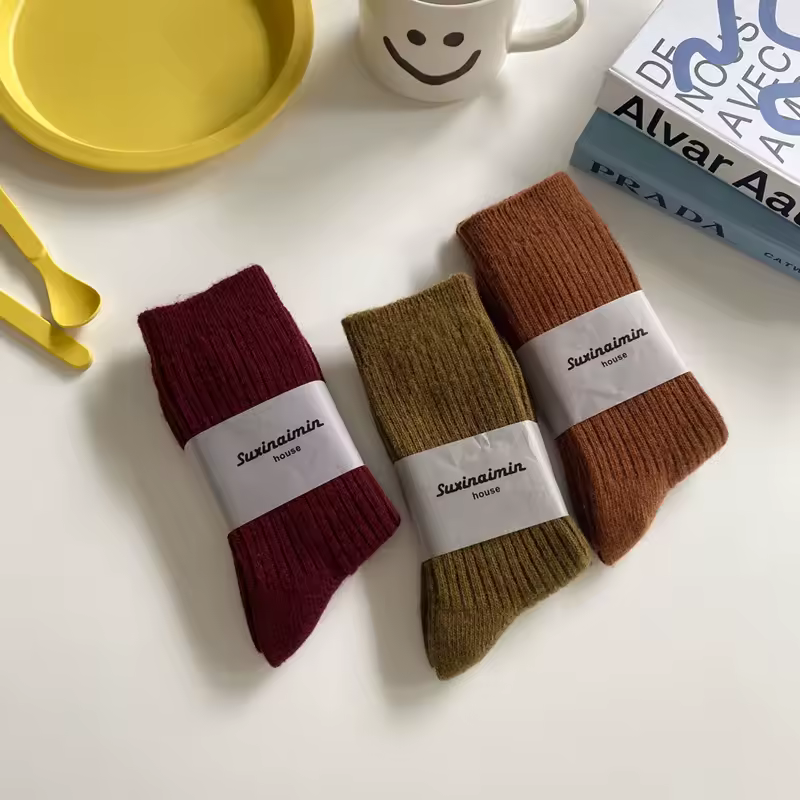 1 Pair Women Cotton Loose Socks Autumn Winter Knitting Solid Color Long Black Pink Korean Japanese Student Girls Stockings Retro - Image 3