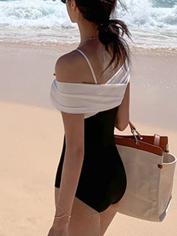 Black White Off The Shoulder Swimwear Women 2024 Sexy Short Sleeve One Piece Swimsuit Bathing Suit Korean Summer Beach Monokini