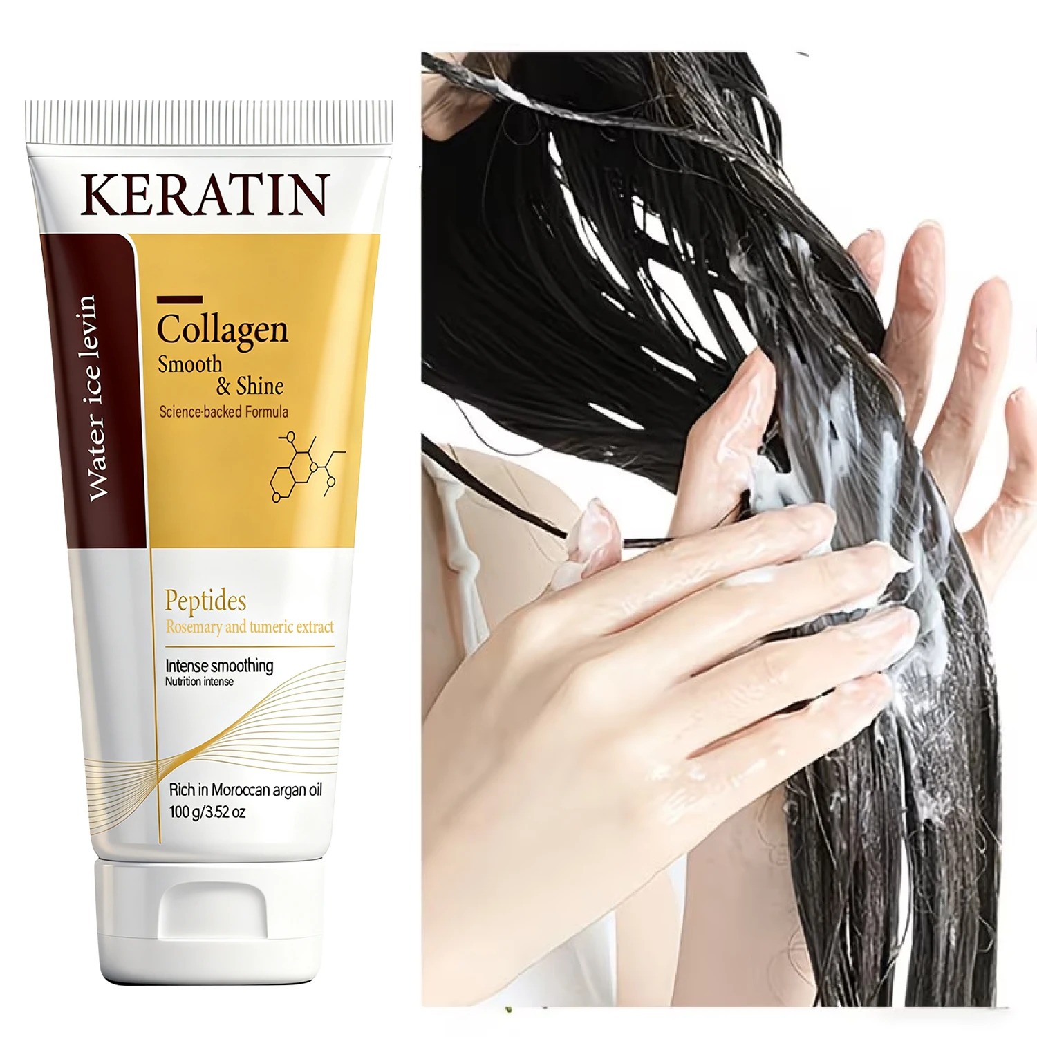 Water Ice Levin Keratin Collagen Hair Mask Smooth Shine Peptides Rosemary Turmeric Argan Oil Intense Smoothing Frizz Repair 100g