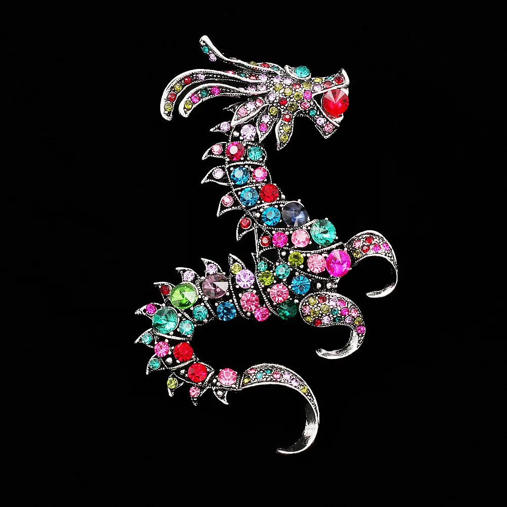 Vintage Alloy Colored Rhinestone Dragon Brooch High Quality Animal Corsage Pin Personality Clothing Accessory Crystal Badges