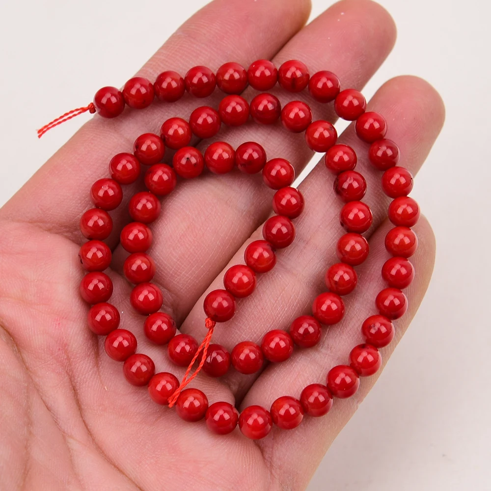 APDGG 2 Strands Natural A- Red Coral Smooth Round Loose Gems Beads Strand 15.5\'\' Pearl Necklace Jewelry Making DIY