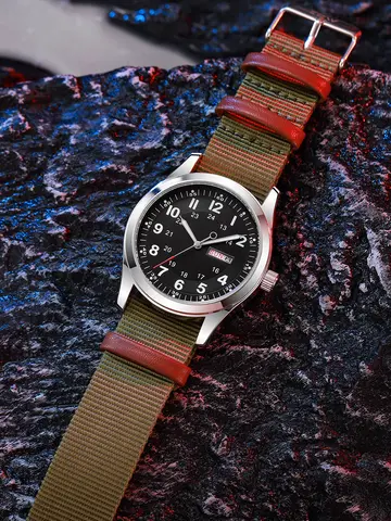 Watch Field 2026 42mm Luminous Dial Watch Day Date Function Green Canvas Strap 30M Water Proof Field Watch Khaki Strap Watch