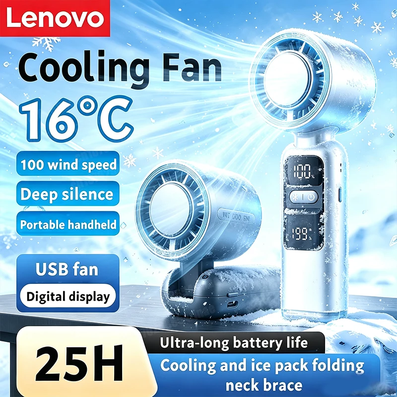 Lenovo tragbarer Ventilator, tragbarer Kühlventilator, 199 Stufen, faltbar, wiederaufladbar, starker Wind, Luftkühler, Digitalanzeige, lange Akkulaufzeit