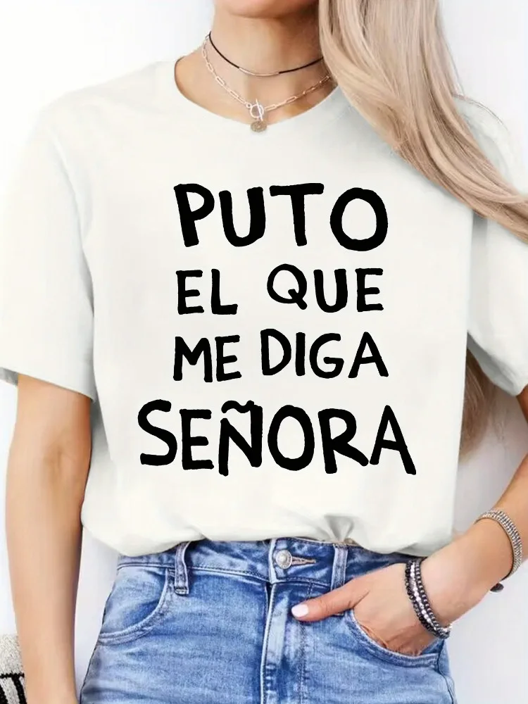T-shirt décontracté à manches courtes pour femmes avec lettres espagnoles audacieuses imprimées en vert vif, encolure ronde, usage quotidien, T-shirt pour femmes