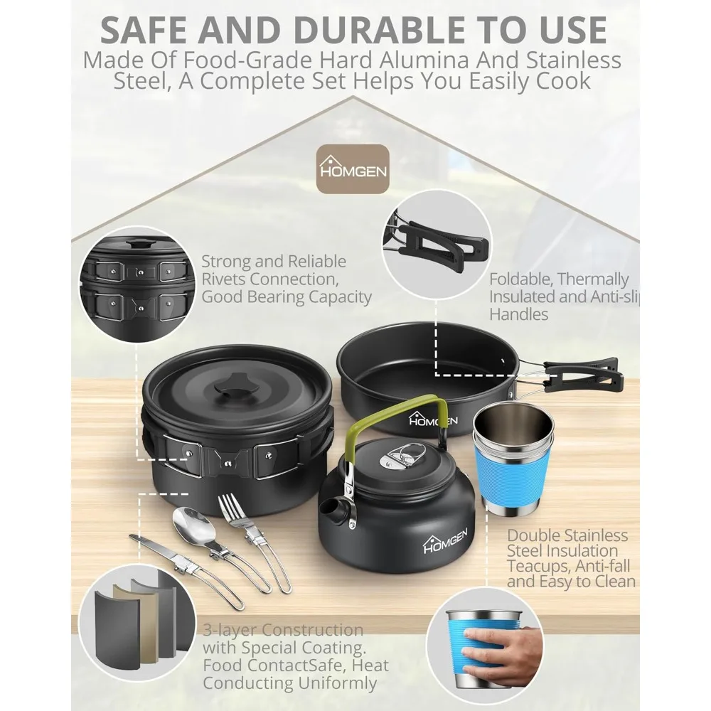 طقم أواني طهي للتخييم من الألومنيوم المؤكسد خفيف الوزن مكون من 12 قطعة من هومجن لشخصين - وعاء/مقلاة مع مقابض قابلة للطي 800 مل