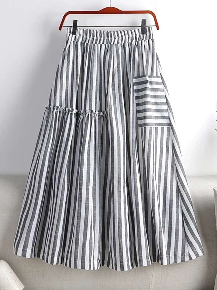 Women Autumn Skirts 2024 New Stripe Print Cotton Blends Skirt Fashion Party Pleated Skirts Female Chic A-Line Pocket Midi Skirt