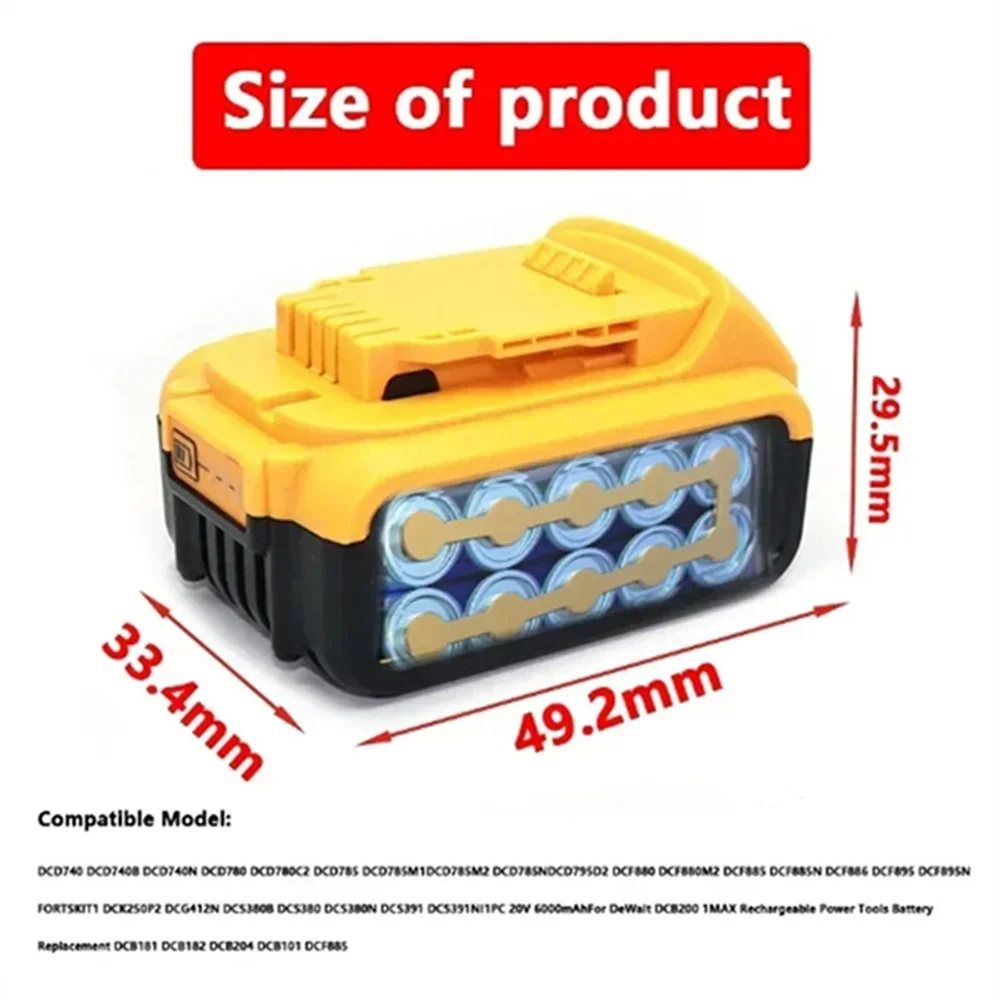 Náhradní lithiová baterie Dewalt DCB200 20V 2025 6000mAh pro Dewalt 18V DCB184 DCB200 DCB182 DCB180 DCB181 DCB182 DCB201 DCB206 MAX - náhled 5