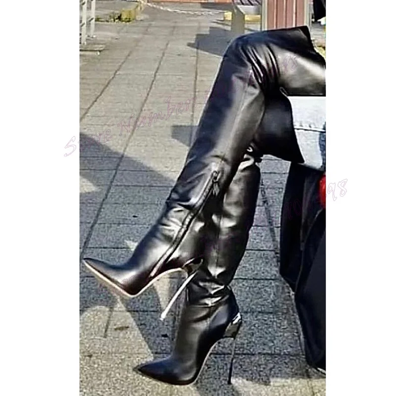 Czarne metalowe obcasy buty do kolan szpiczaste buty z palcami dla kobiet wysokie obcasy seksowne buty damskie 2024 Zapatos Para Mujere