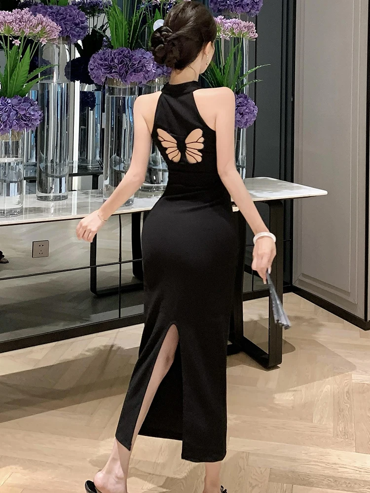 Feminino coreano vintage hepburn luxo vestido de noite verão preto impressão retalhos rendas pescoço-montado vestido 2025 elegante bodycon robe