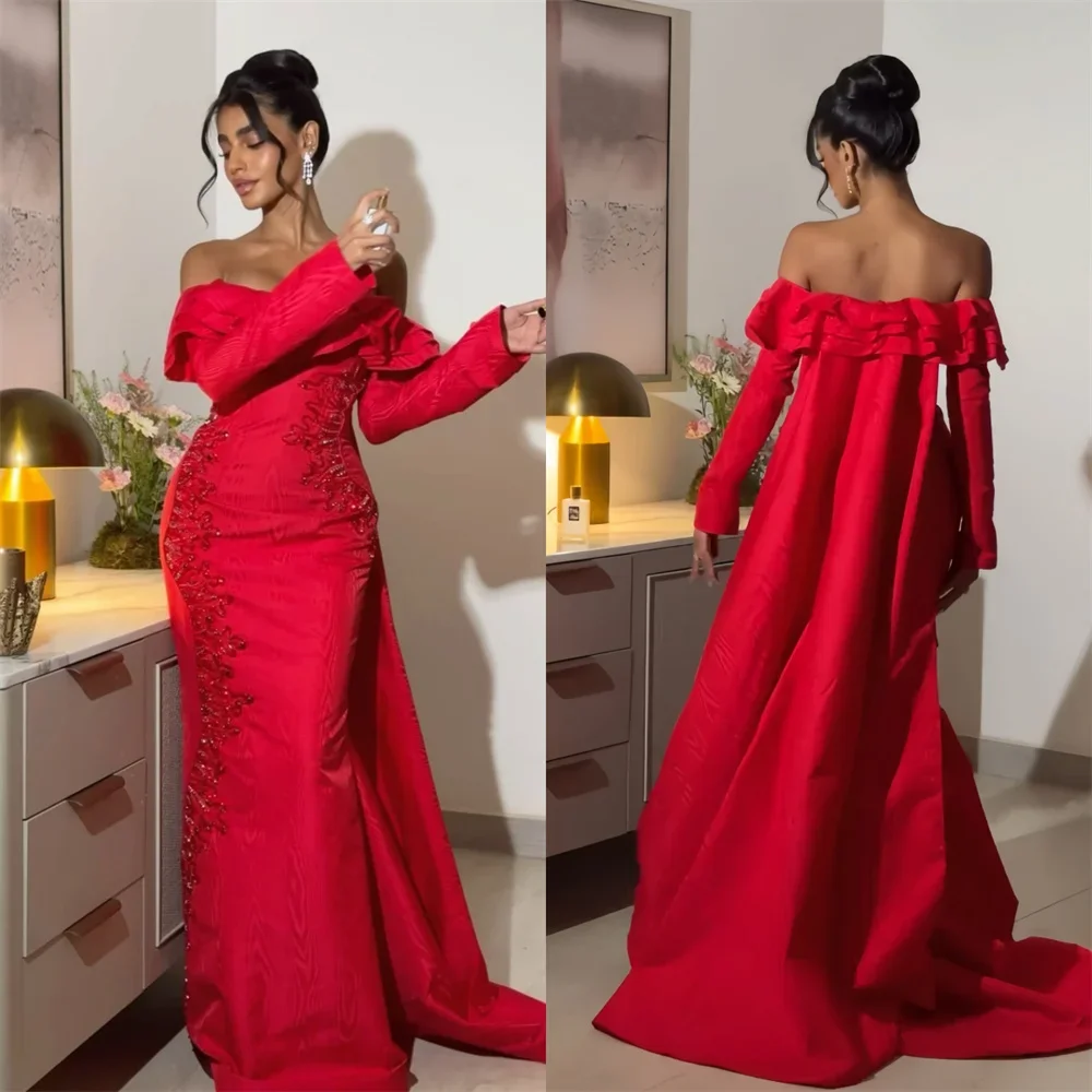 

Customized Formal Dress Prom Evening Gown Dearin Off-the-shoulder Column Floor Length Open Back Skirts Applique Bead Bespoke Occ