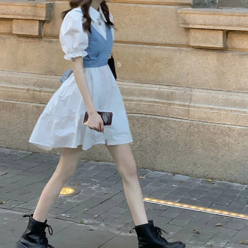 ชุดเซ็ตผู้หญิง เสื้อคอปกพับได้ แขนสั้นพองๆ กระโปรงมินิเดรสยีนส์ เสื้อสายเดี่ยว ชุดเซ็กซี่ 2 ชิ้น ชุดลำลองสตรีทแวร์ สไตล์หวานๆ ย้อนยุค ประจำปี 2025