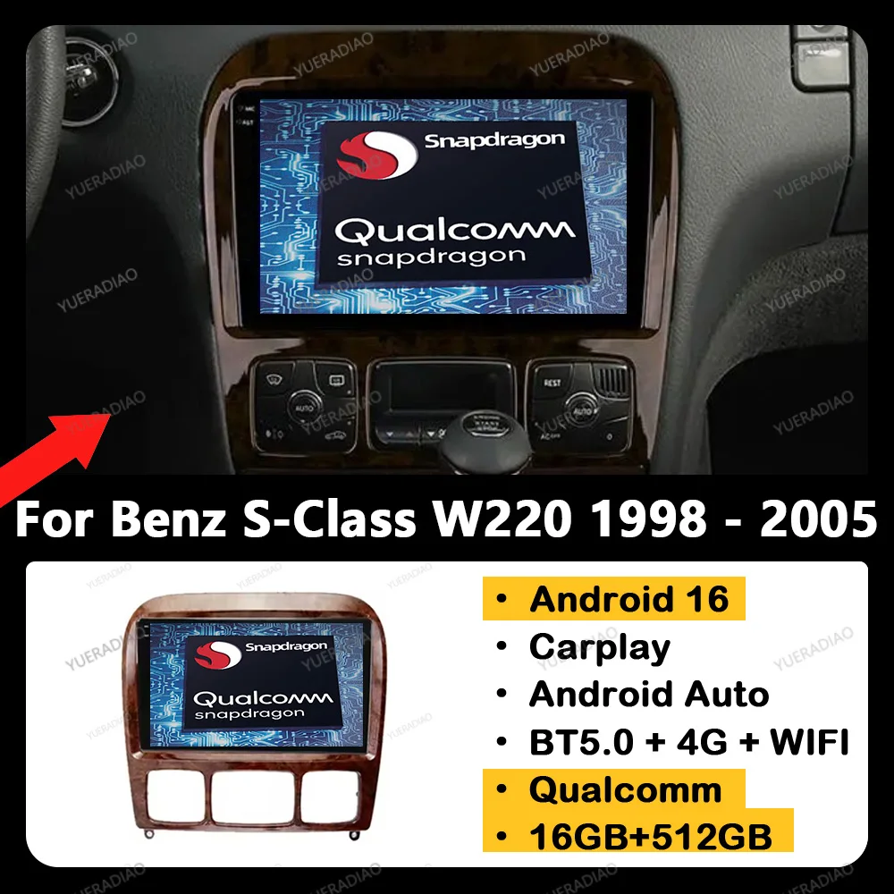 

Android 16 Car Radio For Mercedes Benz S-Class W220 1998 - 2005 GPS NAVI Multimedia Video Player 4G WIFI QLED Qualcomm Head Unit