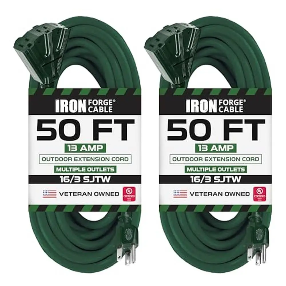 3 Outlet Outdoor Extension Cord 50 ft 2 Pack Heavy Duty Weatherproof Green Power Multiple Tools Simultaneously UL Certified 16/3