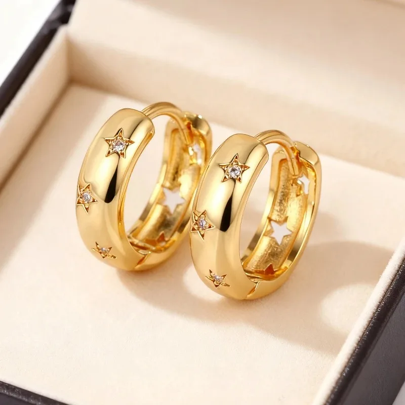 Pendientes de aro de estrella de acero inoxidable para mujeres y niñas, pendientes pavimentados de circón simples Vintage, regalo de joyería de moda para fiesta de uso diario