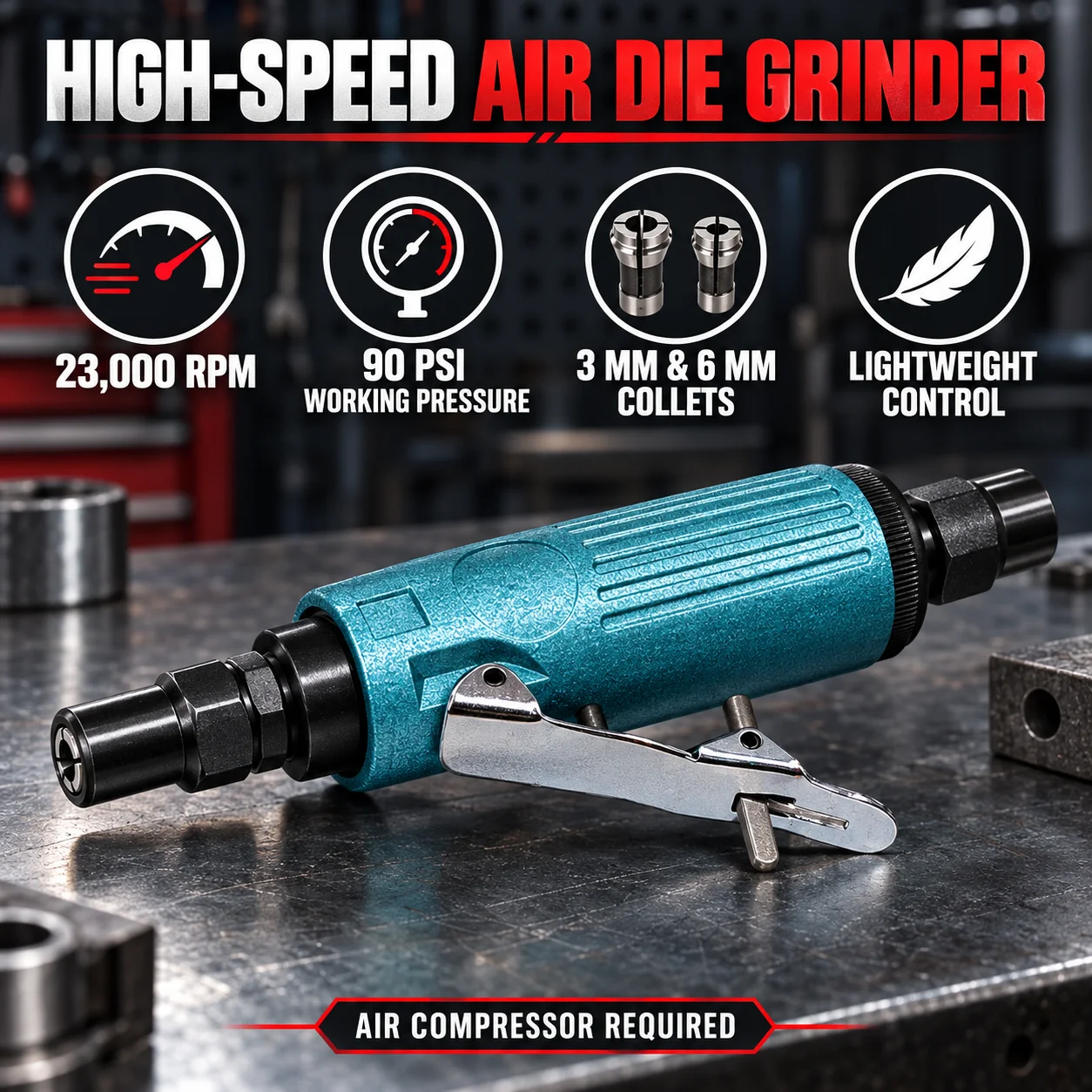 TOKTOS 16PCS Pneumatic Die Grinder Kit 23000RPM 90PSI 3mm 6mm Collets Air Grinding Polishing Tool Set for Metal Stone Plastic