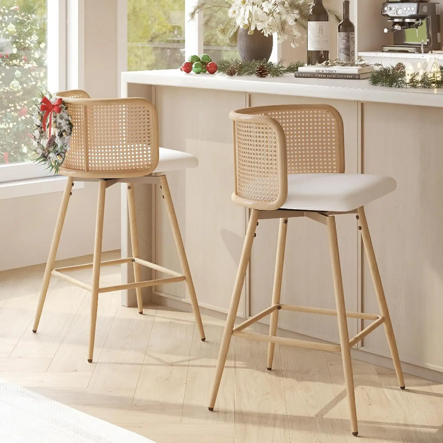 

Поворотные барные стулья из ротанга, набор из 2 шт., табуреты высотой 26 дюймов со спинкой из натурального ротанга и сиденьем из искусственной кожи, M середины века