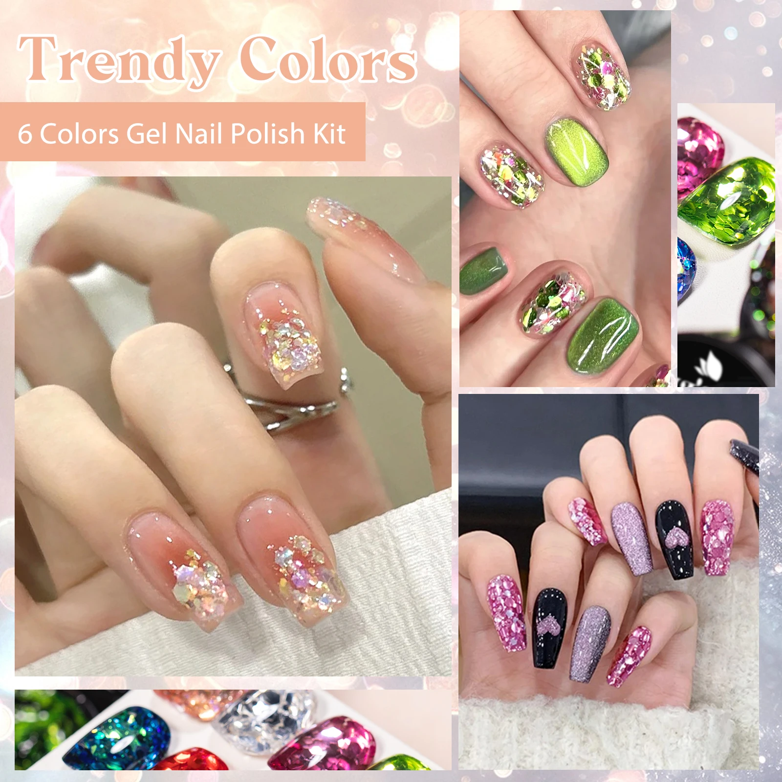 Ensemble de vernis à ongles Gel à paillettes, avec brosse à ongles, paillettes scintillantes, semi-permanentes, à tremper, fournitures pour ongles, 6 pièces