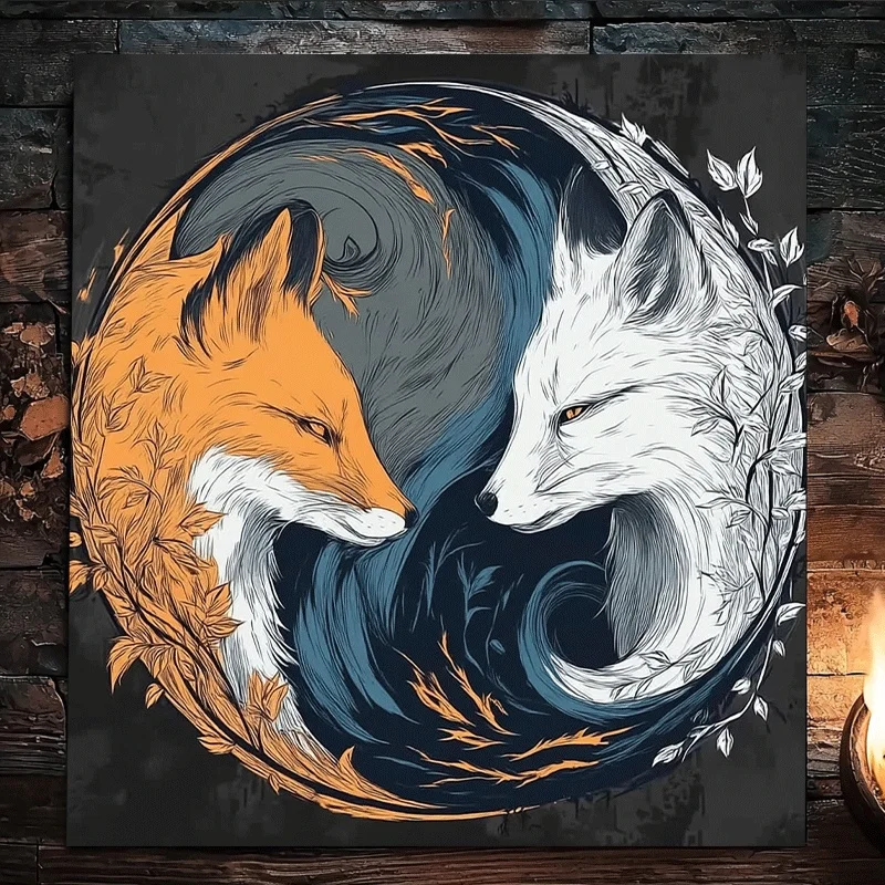 Mystic Wolf and Fox Yin Yang Art Print Modern Forest Spirit Duo Wall Decor for Home Office