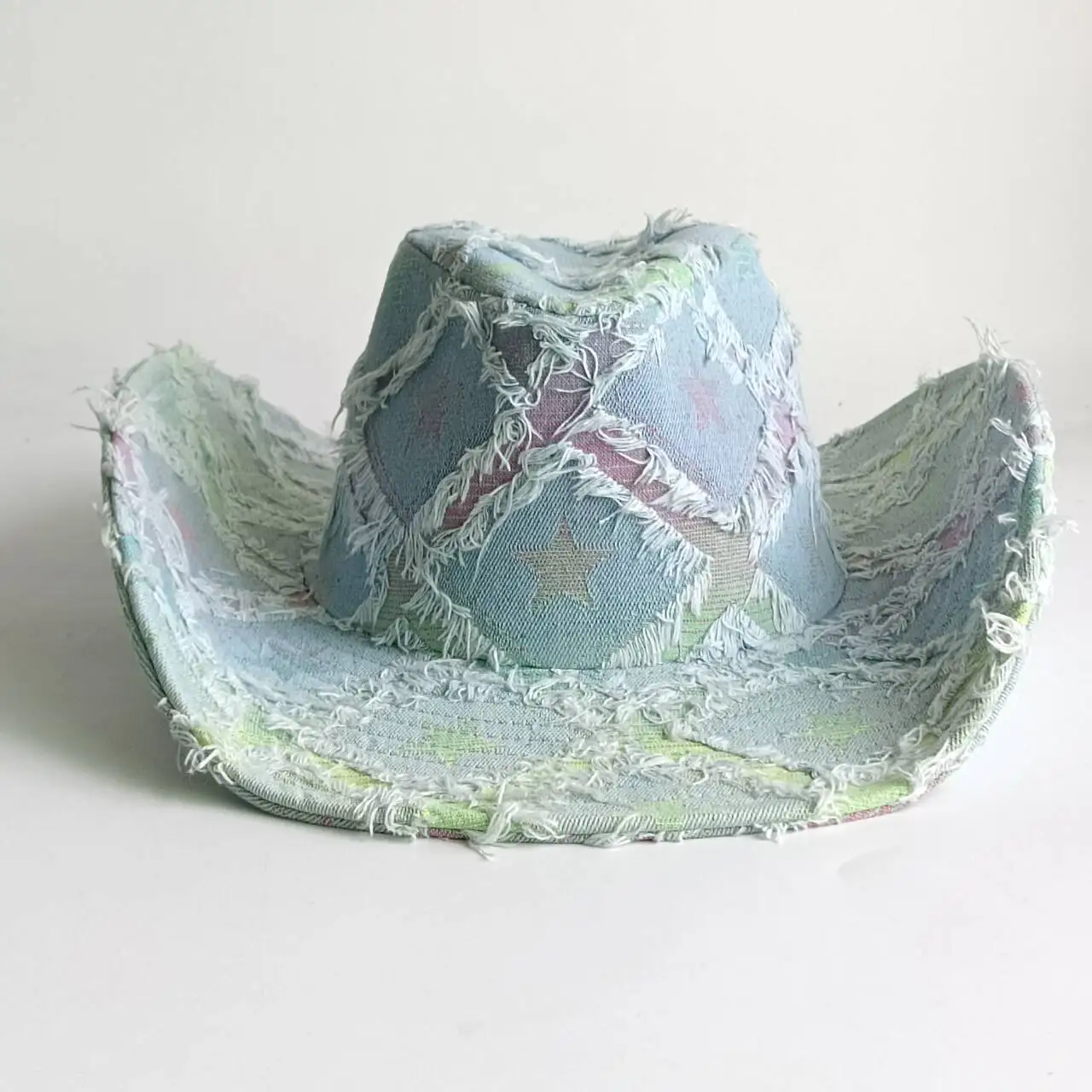 Frayed Star Print Denim Western Cowgirl Hat Vintage Distressed Fringe Wide Brim Cowboy Hat Y2K Pastel Color Outdoor Festival Vac