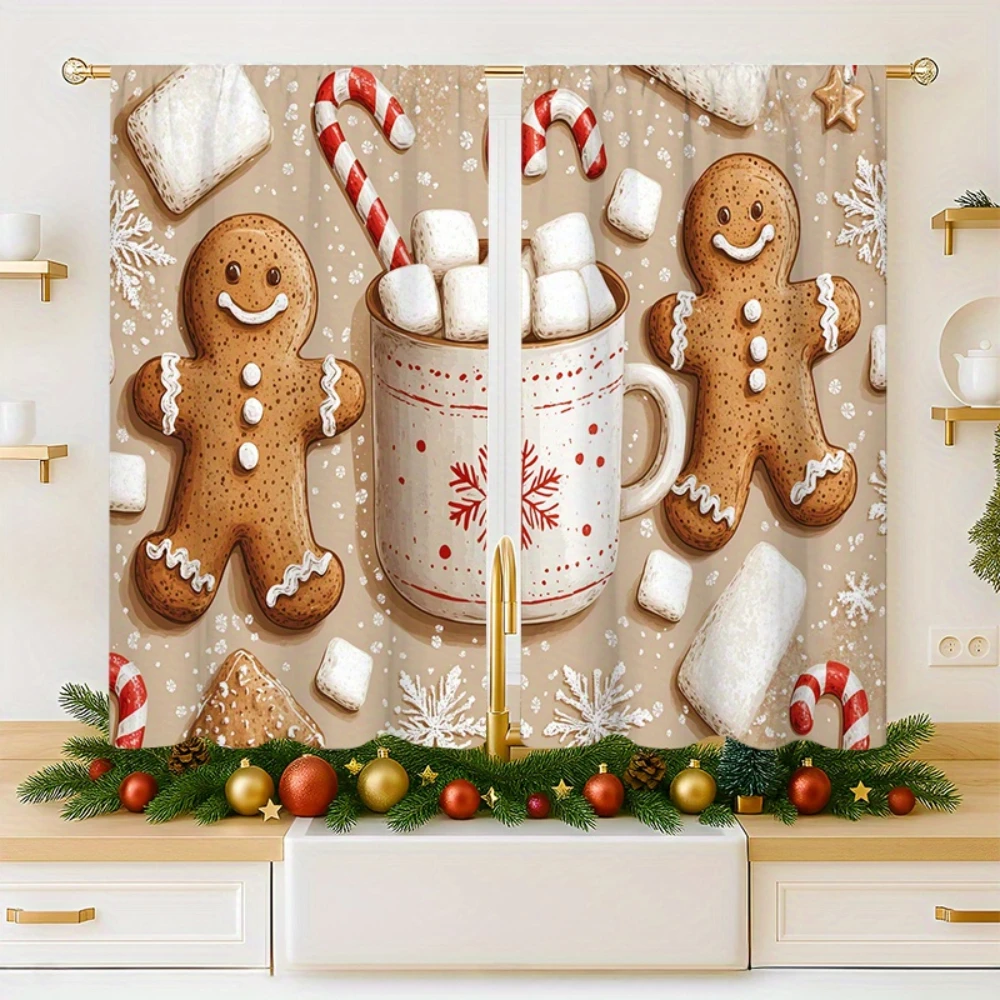 2PCS Christmas Kitchen Tier Curtains, Gingerbread Man Hot Cocoa Mug Pattern Printed Curtains, Warm Style Kitchen Window