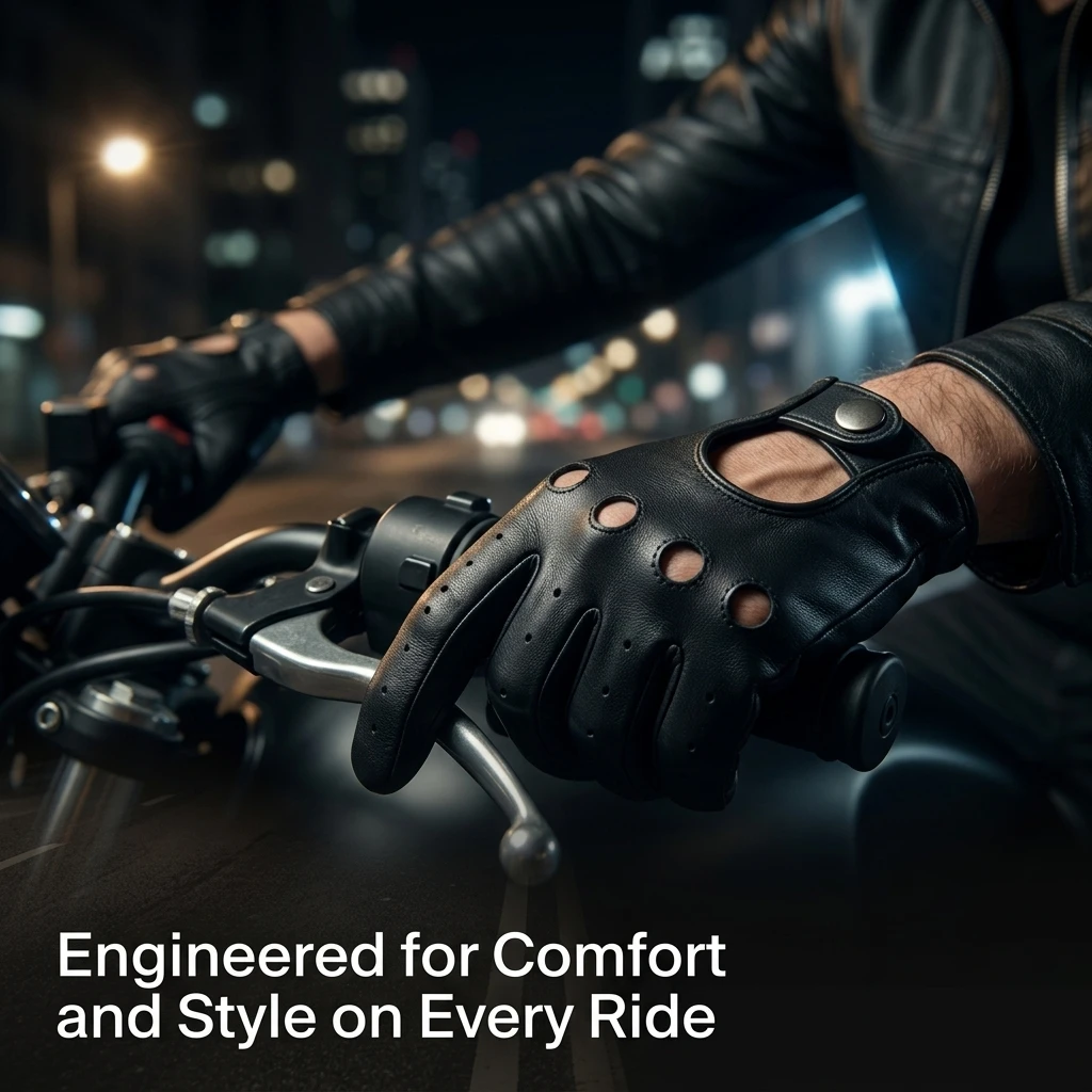 Men Genuine Leather Driving Gloves, Breathable Perforated Full Finger Motorcycle Gloves With Snap Button Wrist Closure For Racin