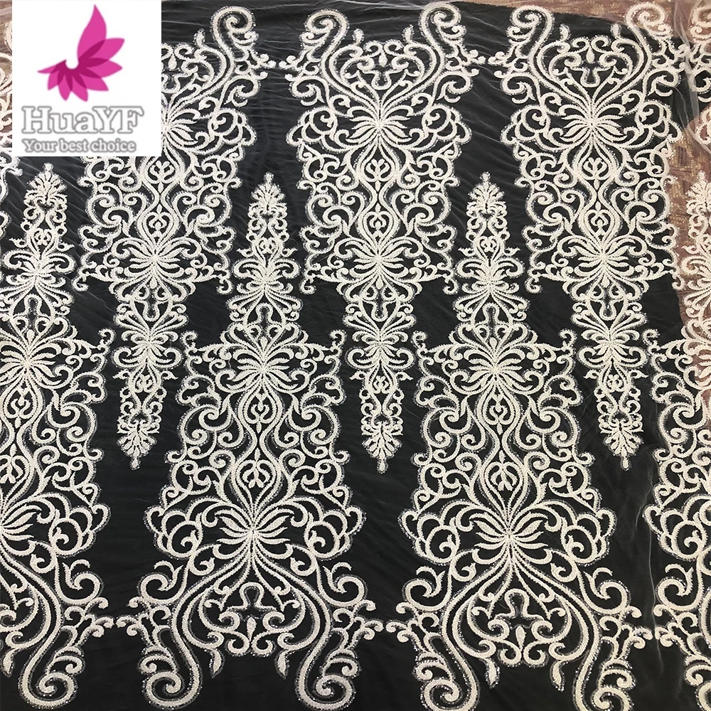 1 Yard New Luxury Pure white African Beaded Wedding Dress Lace Fabric Sequin Net Embroidery HY1756