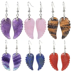 Natural Stones Crystals Healing Reiki Chakra Handmade Angel Wing Dangle Hook Earrings Amethyst Quartz Tiger Eye Gemstone Jewelry