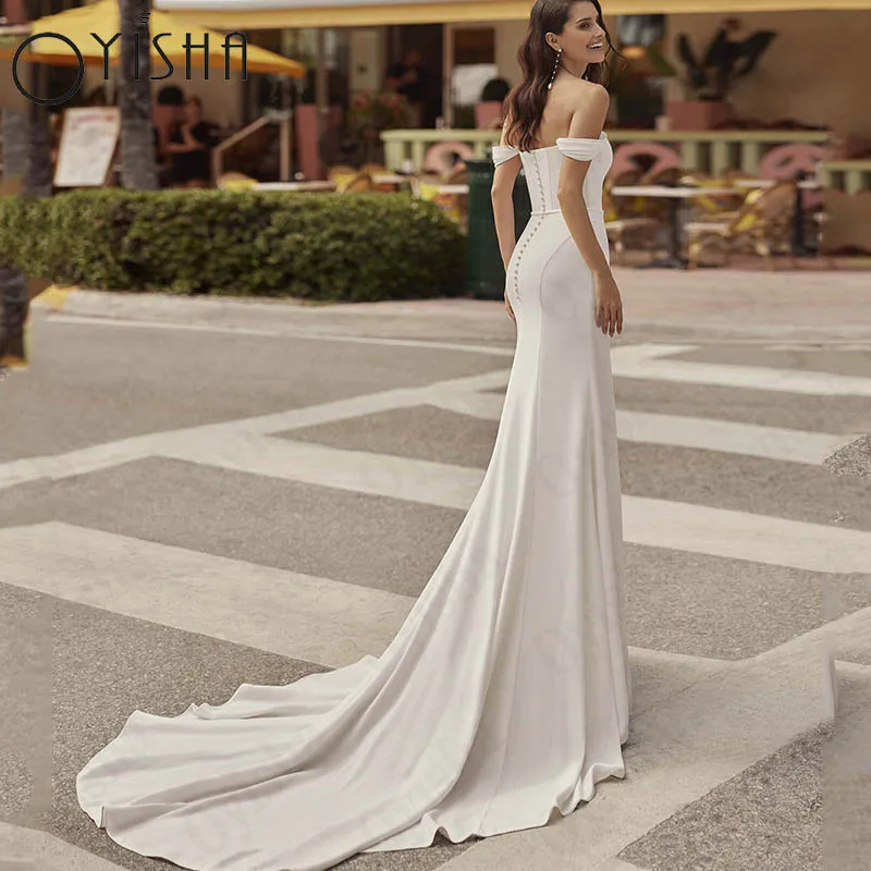 Oyisha Charming High Split Wedding Dresses For Women Off Shoulder Mermaid Bride Gowns Backless Buttons Vestido Novia Custom Made