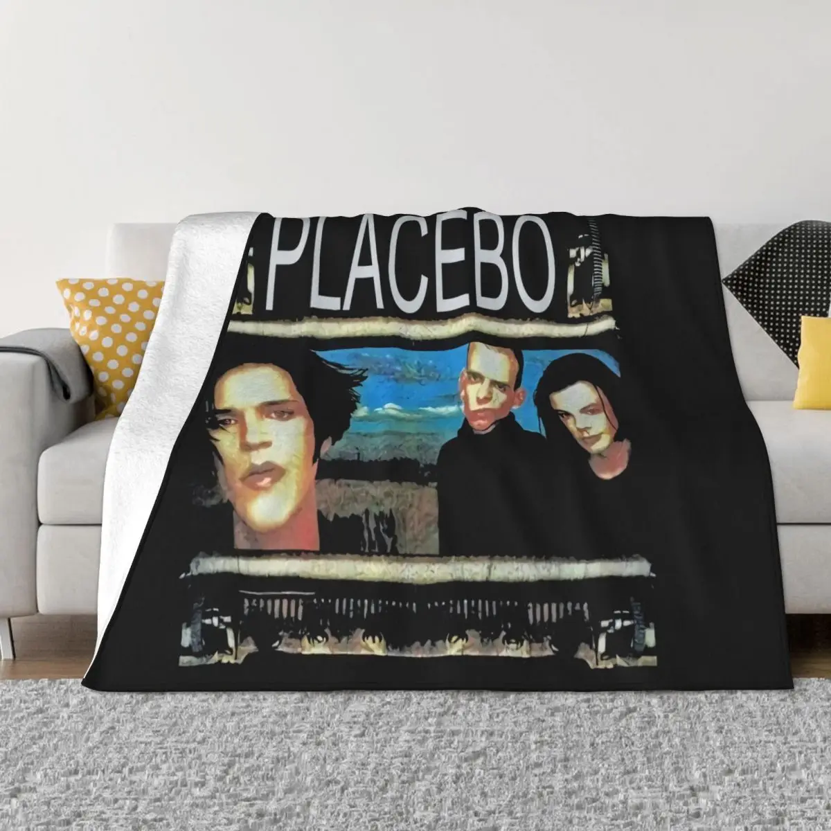 Vtg 90Aposs Placebo Britpop Black Tour T- Brand New Women Aesthetic Party Adults Simple Goth Splicing Throw Blanket