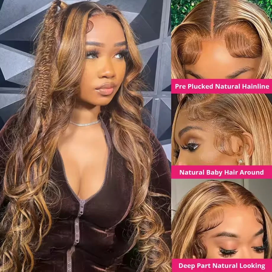 Body Wave 4/27 Honey Blonde 40 Inch lace Front Wig Human Hair HD lace Frontal Wig 13x6 Highlight Body Wave Wig Human Hair image 2