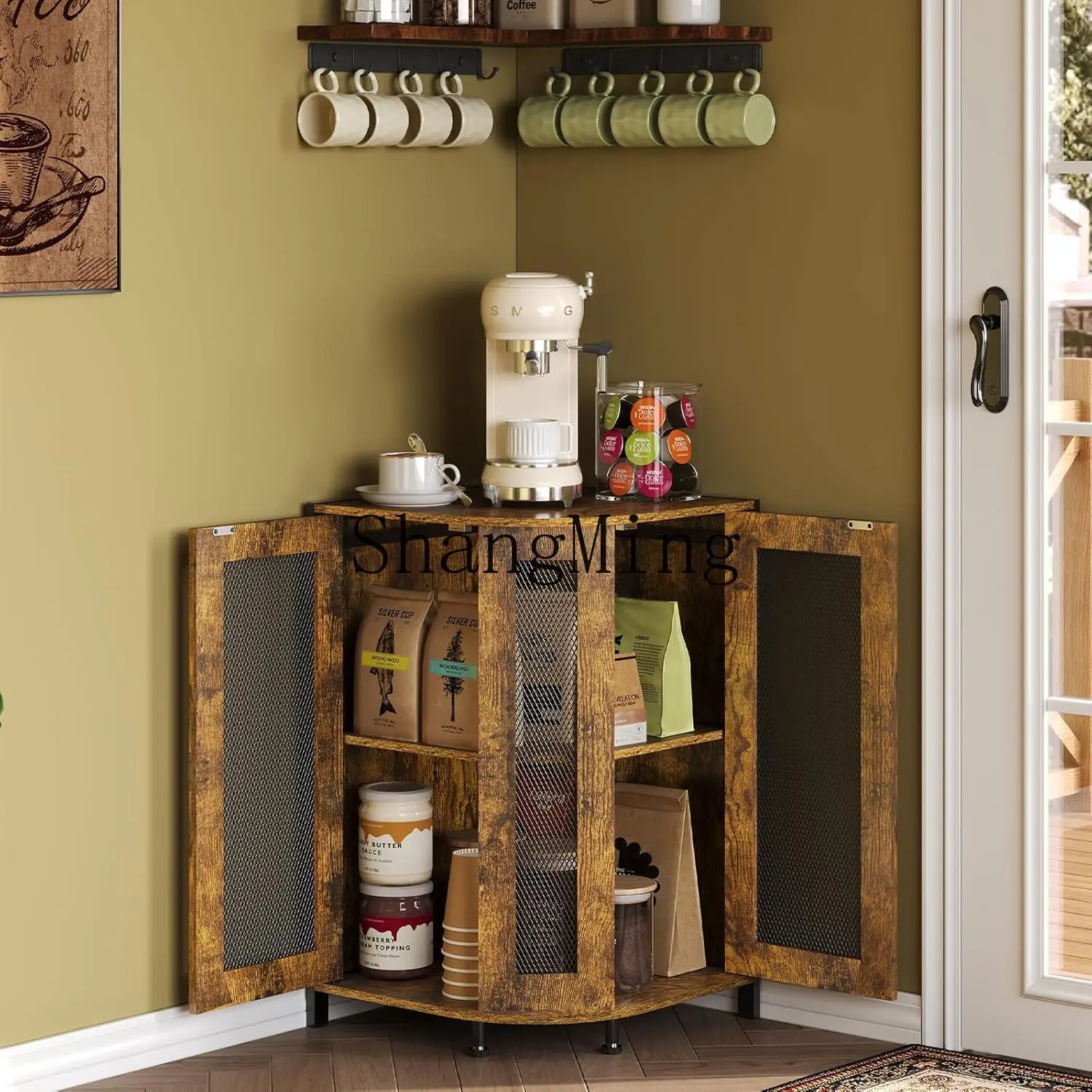 SM Home Kitchen Living Room Corner Wooden Wine Cabinet Three-layer Corner Coffee Cabinet with Storage Rack