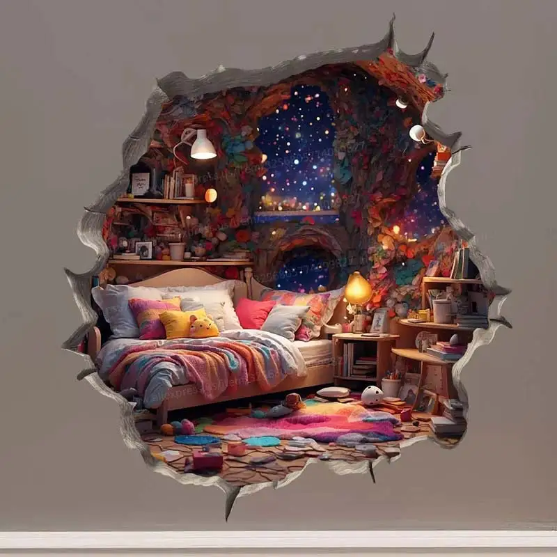 Cozy Mouse Magic Hole Wall Decal Sticker, Living Room Wall Edge, Home Decoration Mural for Kids Bedroom, Wallpaper Decals, M1112