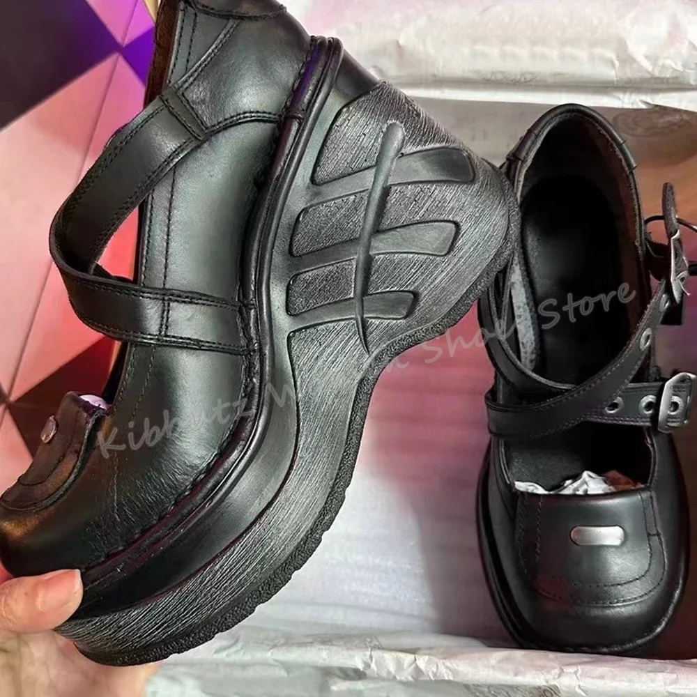 

Gothic Mary Jane Pumps Platform Wedges Cross Strap Round Toe Solid Color Genuine Leather Fashion Elegant Concise Sexy Shoes New