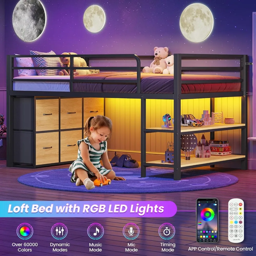 سرير توأم منخفض الحجم مع 6 أدراج تخزين، وأضواء LED، وأرفف تخزين من طبقتين، وسرير علوي معدني للأطفال مع سلالم ارتفاع 15 بوصة