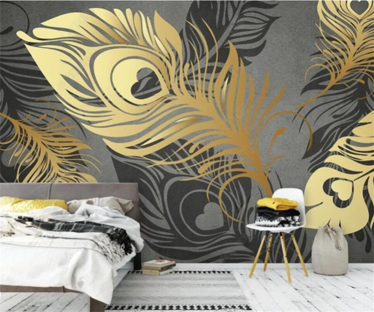 

Custom Wallpaper Home Decoration Modern Simple Fashion Abstract Gold Feather Living Room Background Self Adhesive 3D wallpaper