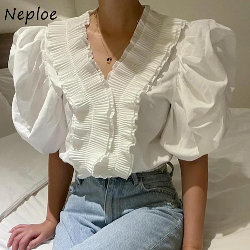 Neploe French Court Style Shirts Summer New Women Blusas V-neck Patchwork Pleated Ruffles Design Loose Puff Sleeve Blouses