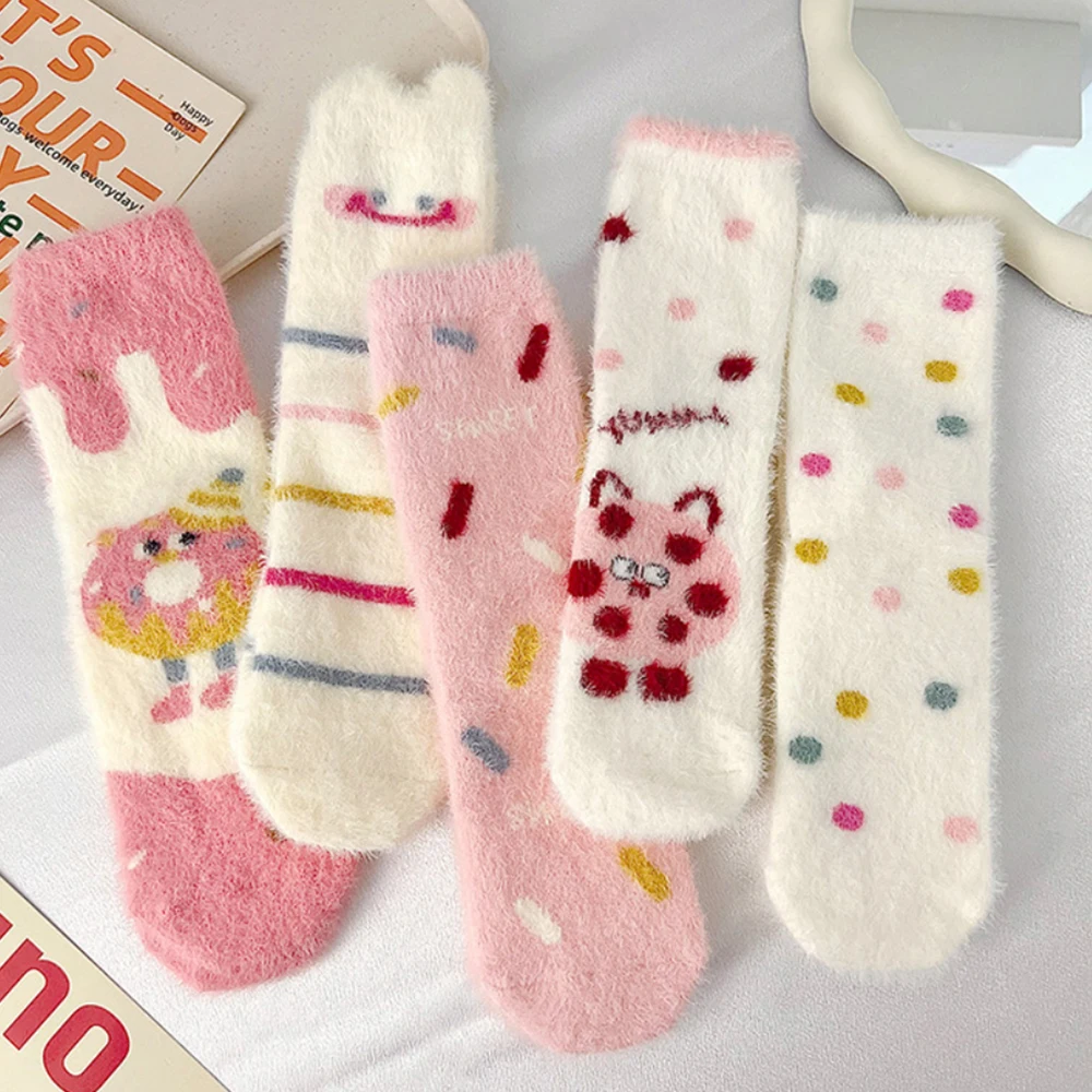 Pink Mink Plush Cute Cartoon Spots Stripes Socks for Women Autumn and Winter Thickened Warm Medium Tube Socks Indoor Floor Socks