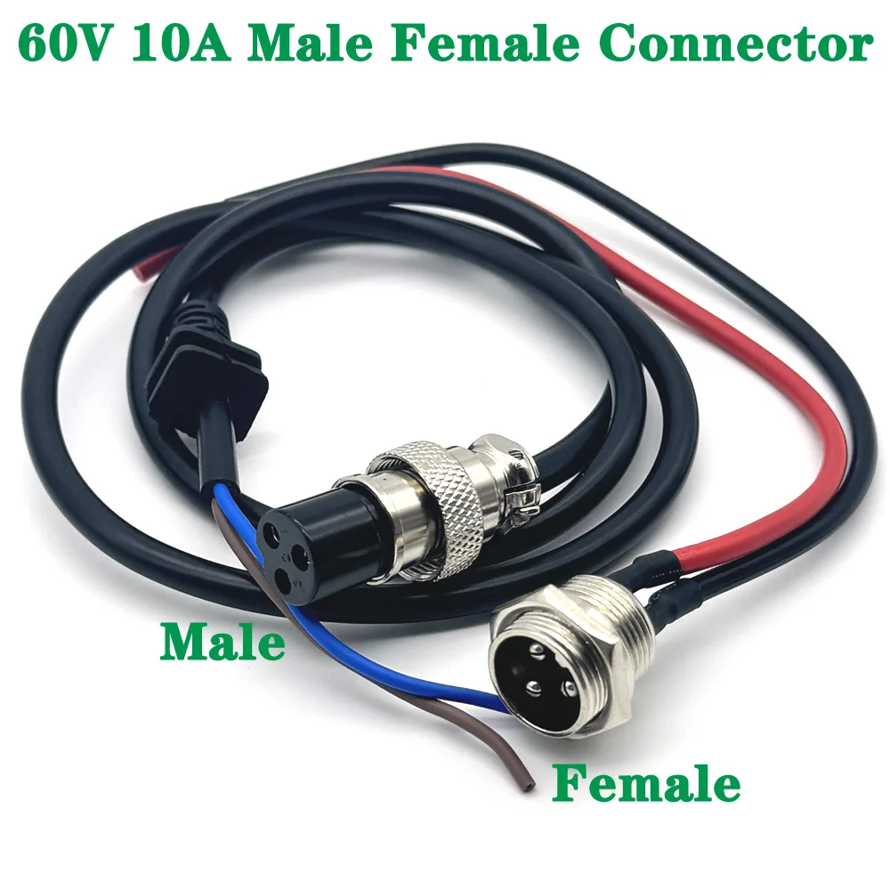 Cabeça de carregamento de bicicleta elétrica, 3 pinos, linha de saída de bateria de lítio, base masculina e feminina, tomada de carregador, e-bike, lítio 60v 10a
