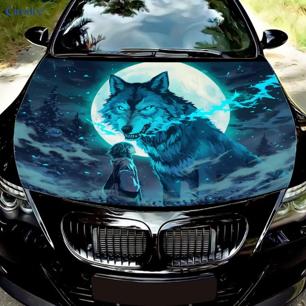 

Wolf and child under a full moon, surrounded by glowing blue trees. Unique car hood wrap design for a mystical look.Hood Wrap, C