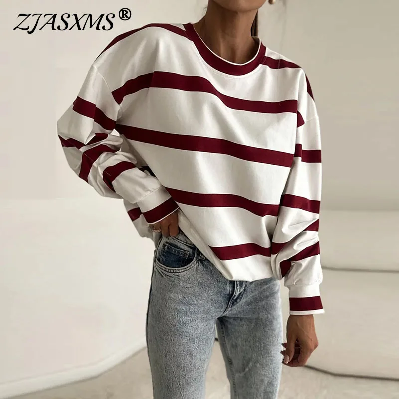 Y2K Hoodies Casual Striped Print Sweatshirts Woman Fall Round Neck Loose Top Pullover 2024 Winter Long Sleeve T-shirt Sweatshirt